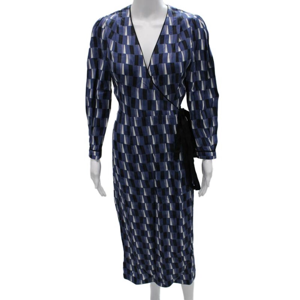 Cefinn Women Wrap Dress Midi Longsleeve Blue Geometric V-Neck Tie Size 6